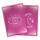 Two tarot cards featuring white line-art of an all-seeing eye and a crescent moon against a pink gradient background.