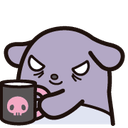 A purple creature with an angry expression holds a black mug featuring a pink skull icon.