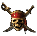 Skull wearing a red bandana positioned over two crossed swords.