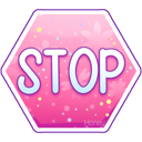 A pink hexagonal sign with white text that reads STOP, decorated with sparkles and a soft aesthetic.