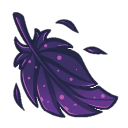 A stylized purple feather with glowing spots on a dark background.