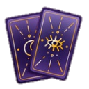 Two purple tarot cards with gold symbols of a crescent moon and an all-seeing eye.