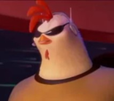 A white chicken wearing black sunglasses and looking forward with a cool, smug expression.