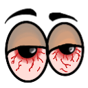 Bloodshot eyes with heavy lids and visible red veins looking downward.