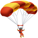 A stylized character hanging from a red and yellow parachute while descending.