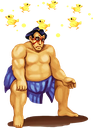 A sumo wrestler with dark hair and a blue loincloth sitting down on a brown platform.