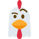 A white chicken with a red comb and orange beak looking suspicious with a raised eyebrow.
