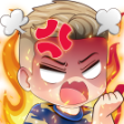 Anime boy with a red face, angry vein symbol, and flames surrounding him, shouting in rage.