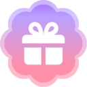 A white gift box with a bow centered on a scalloped pastel purple and pink background.