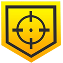 Crosshair symbol centered on a yellow shield background.