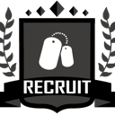 Shield emblem with dog tags and the text RECRUIT written in white on a gray background.