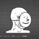 Wojak character crying while holding a white mask with a simple smiling face in front of his face.