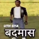 A low-resolution 3D video game character stands with a confident posture, overlaid with bold white Hindi text.
