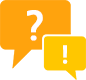 Two overlapping speech bubbles, one orange with a white question mark and one yellow with a white exclamation point.