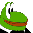 A green frog wearing a tuxedo peeking around a corner with a suspicious expression.