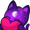 A purple galaxy-themed cat with a crescent moon on its forehead happily hugging a large pink heart.