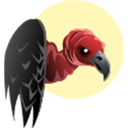 A vulture with a red head and black wings peeking out from behind a yellow circular background.