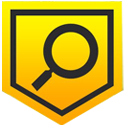 Magnifying glass centered on a yellow shield emblem.