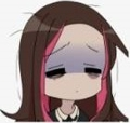 Anime girl with long brown hair and pink highlights looking exhausted with heavy dark circles under her eyes.