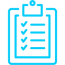 Clipboard with four checkmarks in a bright blue line-art style.