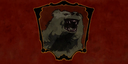 Bear head inside a shield crest with a dark red background.