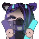Character with purple hair and a mask waving glowing blue sticks back and forth.