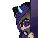 Anime girl with purple hair and glowing blue horns peeking from behind a dark wall with a suspicious expression.