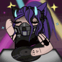 Anime girl with purple hair and a mask mixing music on a turntable with a hype expression.