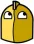 A gold helmet-shaped object looking upward with a skeptical side-eye expression.
