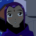Raven from Teen Titans with purple hair and a dark cloak blushing while slowly nodding her head.