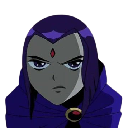 Raven from Teen Titans looking forward with a serious, annoyed expression.
