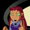 Starfire from Teen Titans goes through an animation where her facial features vanish into a blank space.