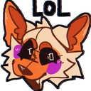 A stylized orange fox character with purple cheeks laughing with the text LOL above its head.