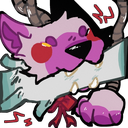 A stylized pink creature with sharp teeth biting down on a long gray object.