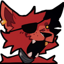 A red cartoon fox with an eye patch looking shocked with its mouth wide open.