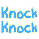 Knock Knock text written in blue rounded letters stacked on two lines.
