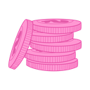 A stack of round pink coins with a dollar sign symbol on the front.