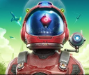 Astronaut in a red suit with a glowing geometric shape reflected in their blue visor.