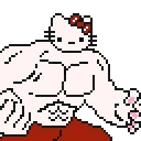 Hello Kitty with an extremely muscular body posing and flexing.