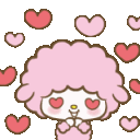 My Melody with pink fur and heart-shaped eyes surrounded by floating pink and red hearts.
