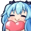 Anime girl with blue hair smiling happily while hugging a large pink heart.
