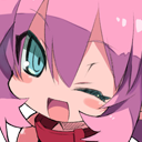 Anime girl with pink hair winking and smiling happily.