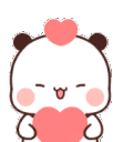 Four cute pandas holding pink hearts with happy expressions.