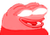A stylized red face with wide white eyes and a broad, toothy grin.