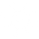 Virus symbol with a central circle and eight radiating arms in white on a black background.