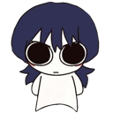 A cartoon character with dark hair and giant, soulless black eyes staring forward with a neutral expression.