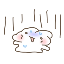 A small white blob with a stressed expression standing under vertical rain lines.
