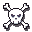 Skull and crossbones symbol rendered in white pixel art against a black background.