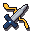 A pixel art sword with a blue hilt and gold accents angled diagonally.