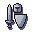 A sword, a knight helmet, and a shield arranged in a pixel art style.